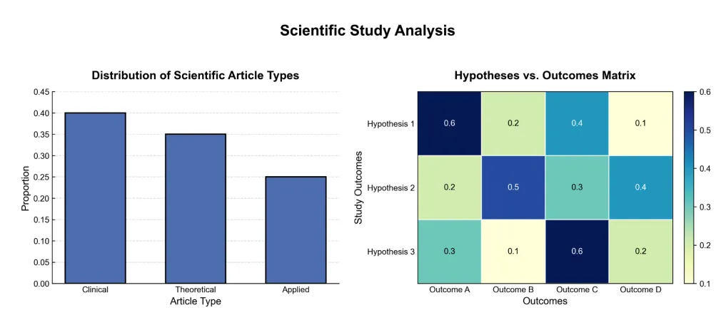 Scientific study analysis figure with a bar chart of article types and a heatmap comparing hypotheses to outcomes.